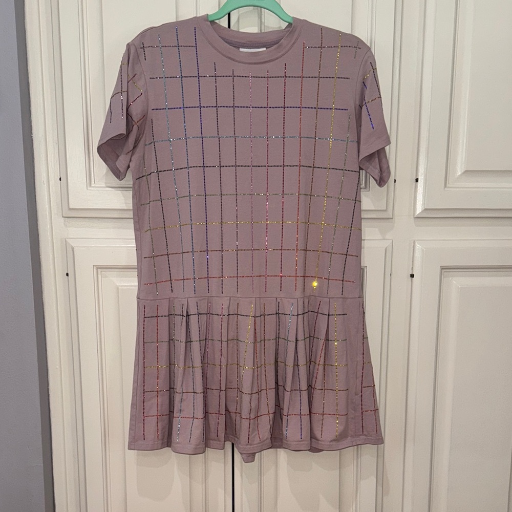 Queen of Sparkles XS Purple Grid Pattern Short Sleeve Dress